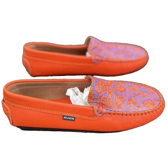 Atlanta Moccasins Shoes Womens Orange Blue Leather Driving Loafer Preppy Mature - Picture 2 of 15